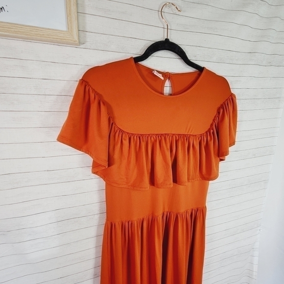 BAUM UND PFERDGARTEN RUST ORANGE MIDI DRESS, w RUFFLE DETAIL SZ SMALL - Picture 3 of 14